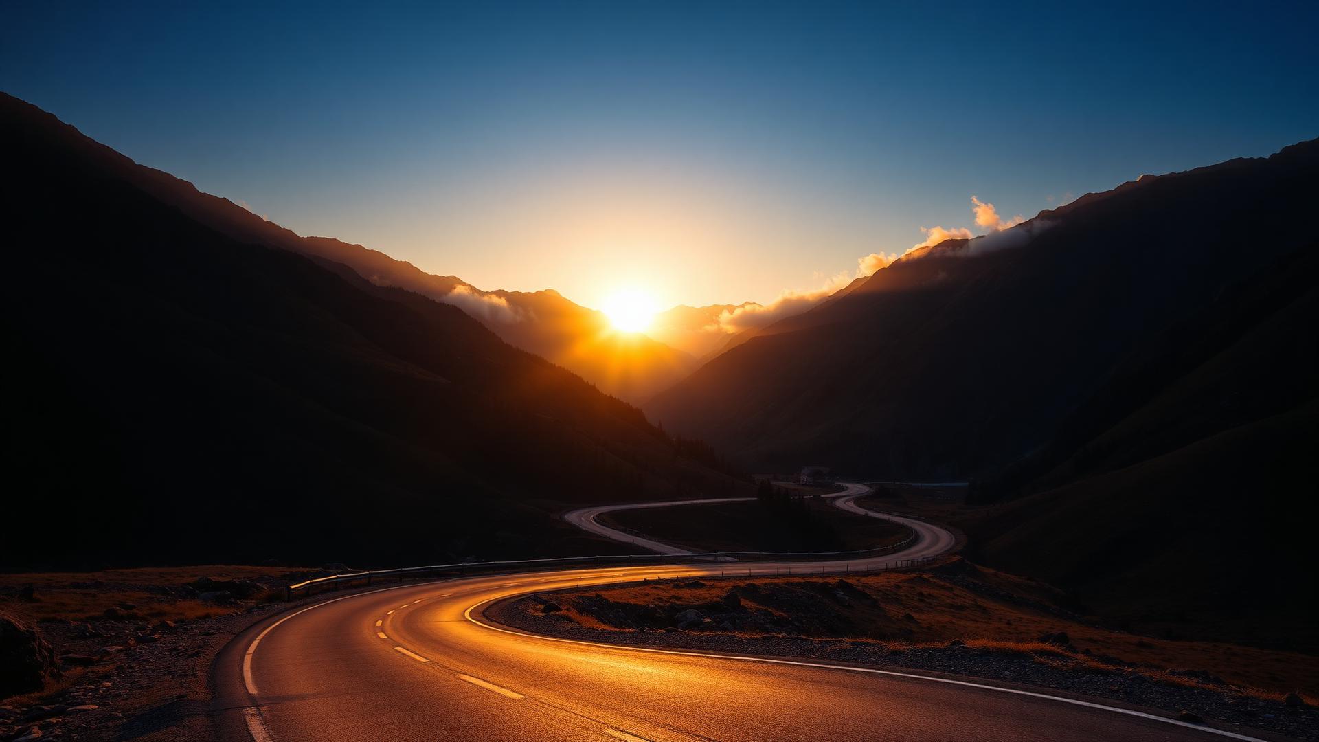 Mountain road at sunrise on a Pause & Roam journey